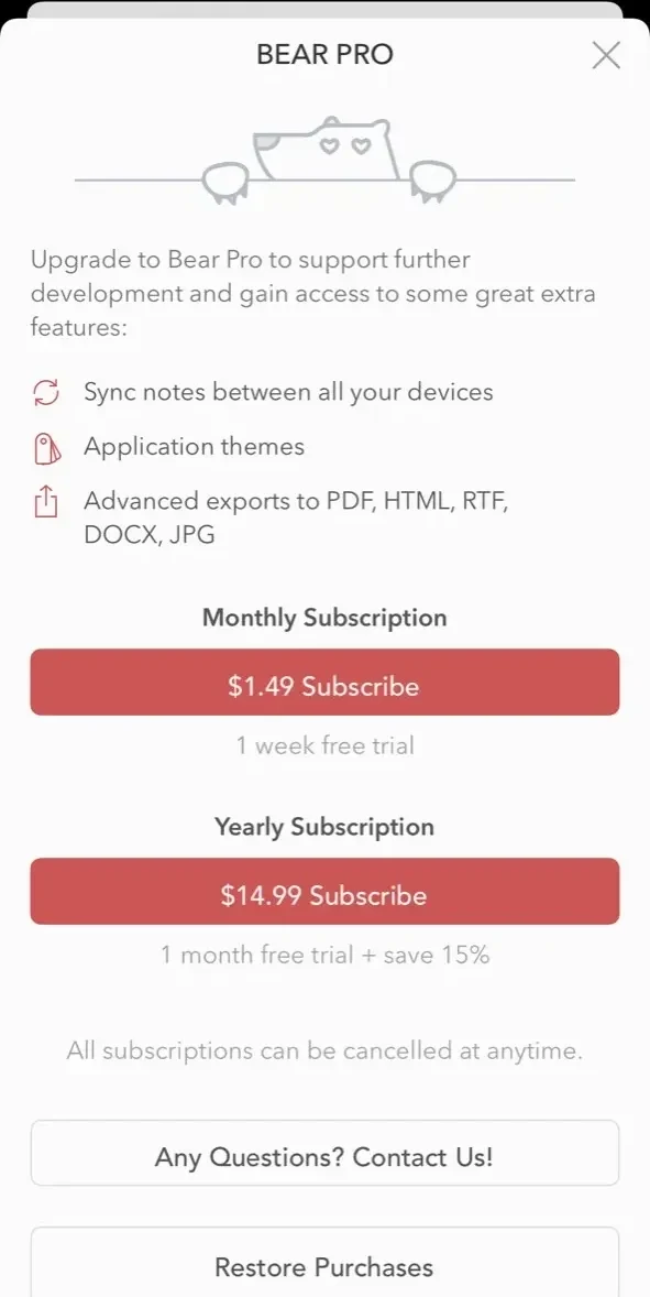 Bear paywall screen