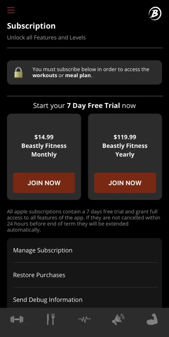 Beastly Fitness paywall screen