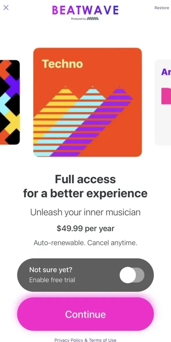 Beatwave paywall screen