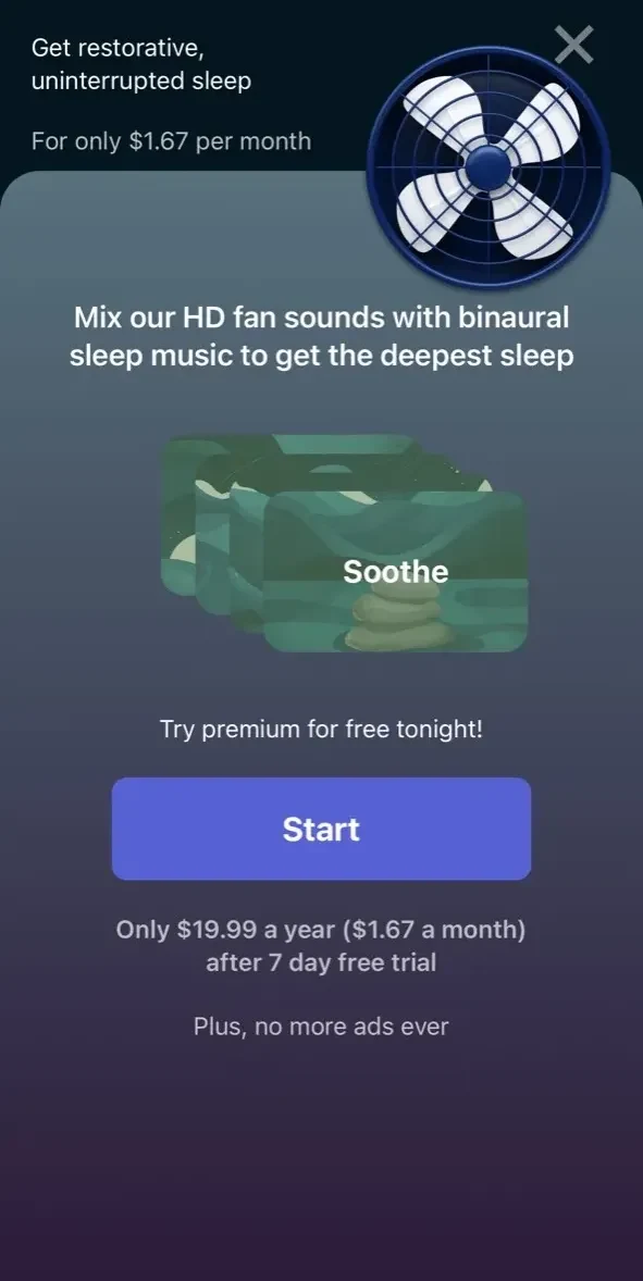 Bedtime Fan paywall screen