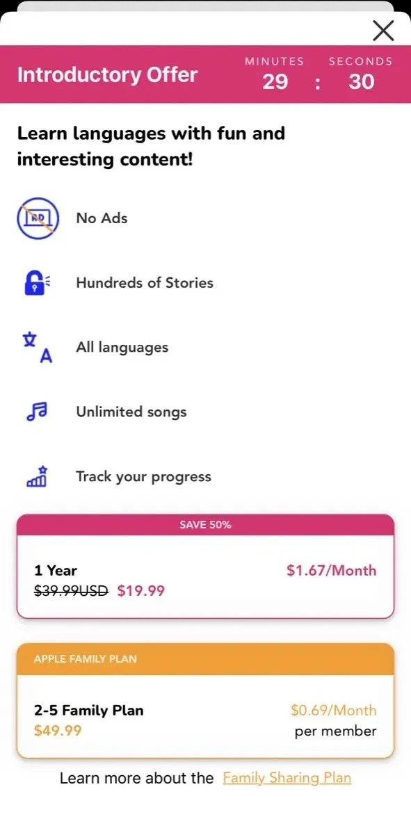 Beelinguapp paywall screen