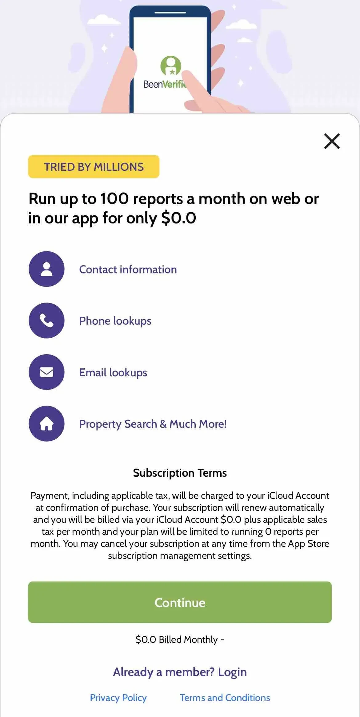 BeenVerified paywall screen