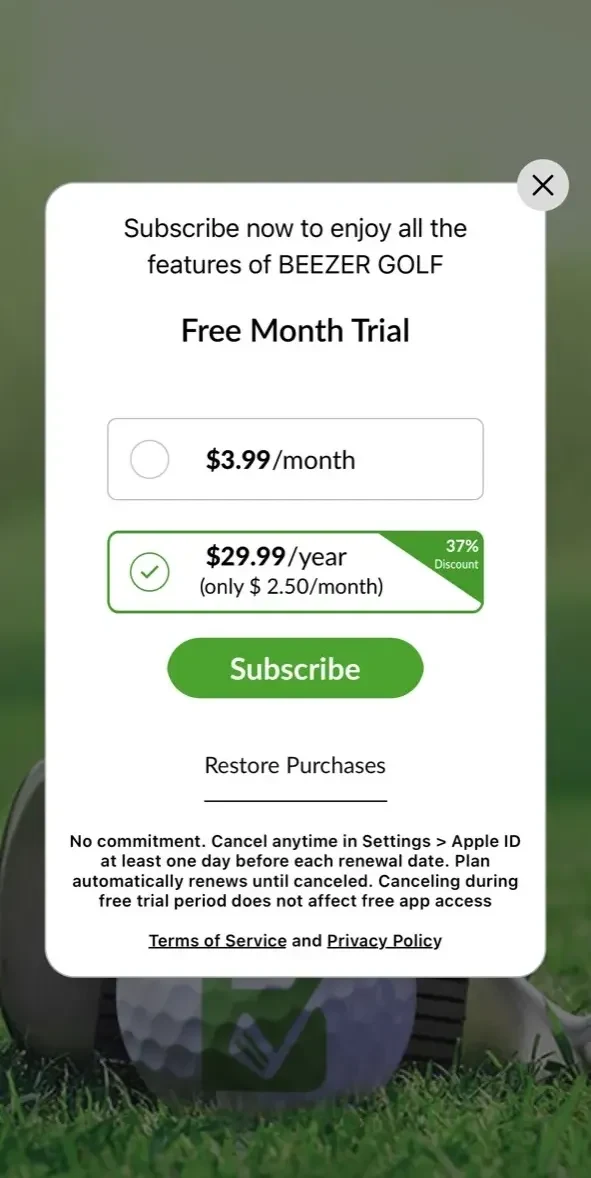 Beezer Golf paywall screen