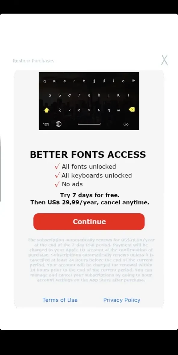 Better Font-s Cool Keyboard-s paywall screen