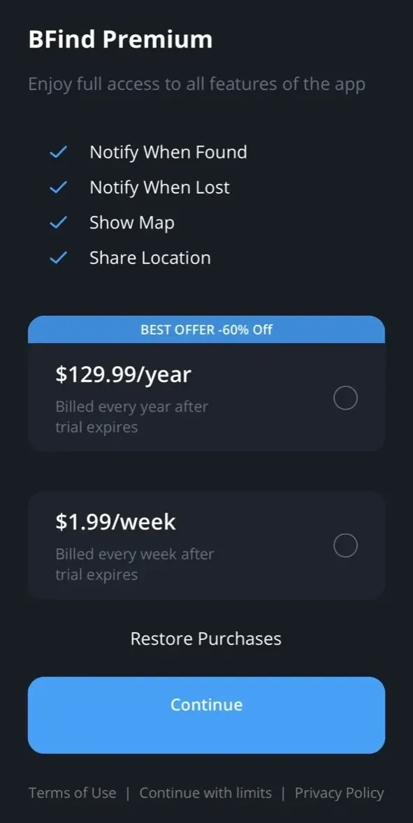 BFind paywall screen