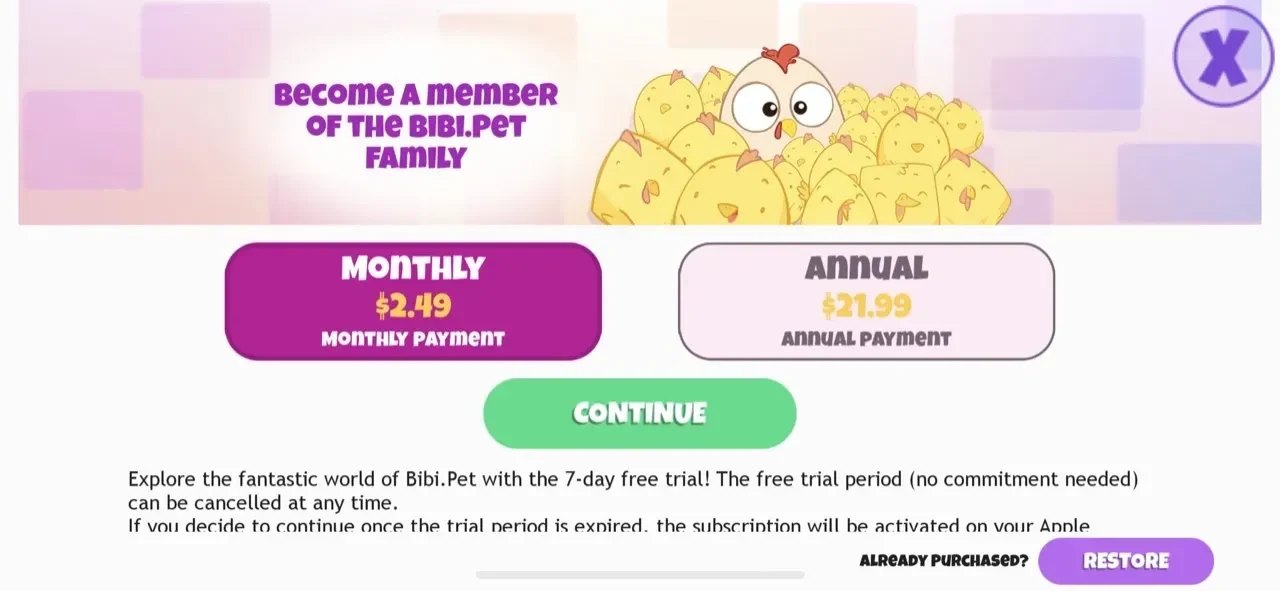 BibiLand Games paywall screen