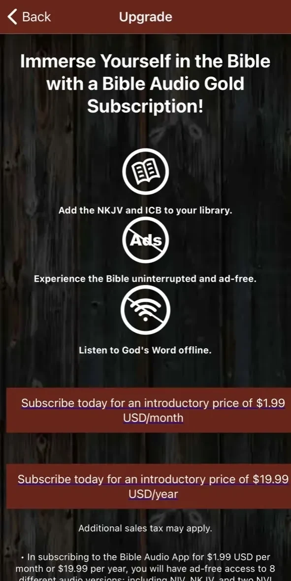 Bible Audio paywall screen