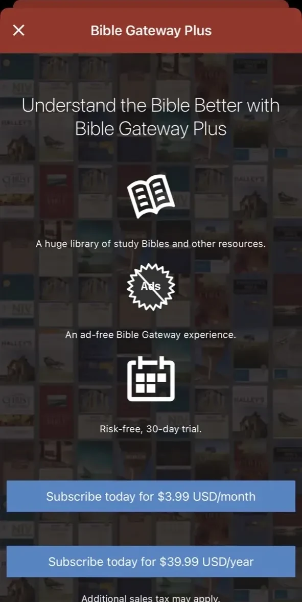 Bible Gateway paywall screen