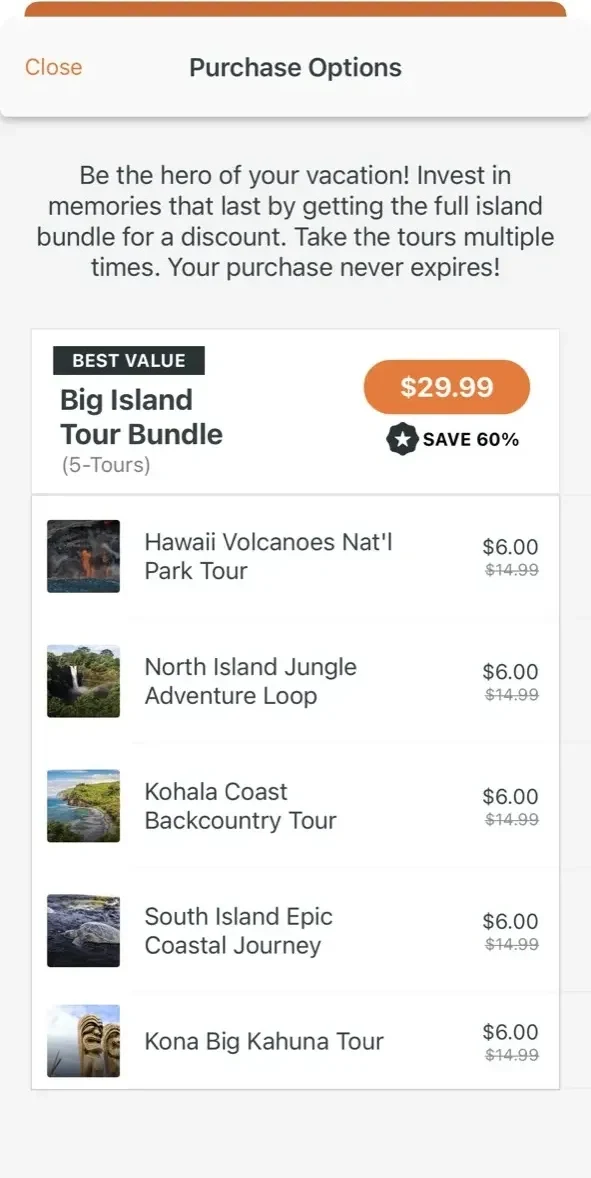 Big Island Hawaii Tour Guide paywall screen