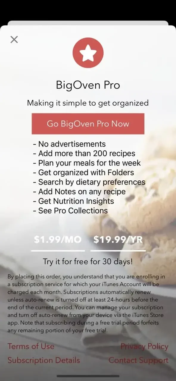 BigOven Recipes paywall screen