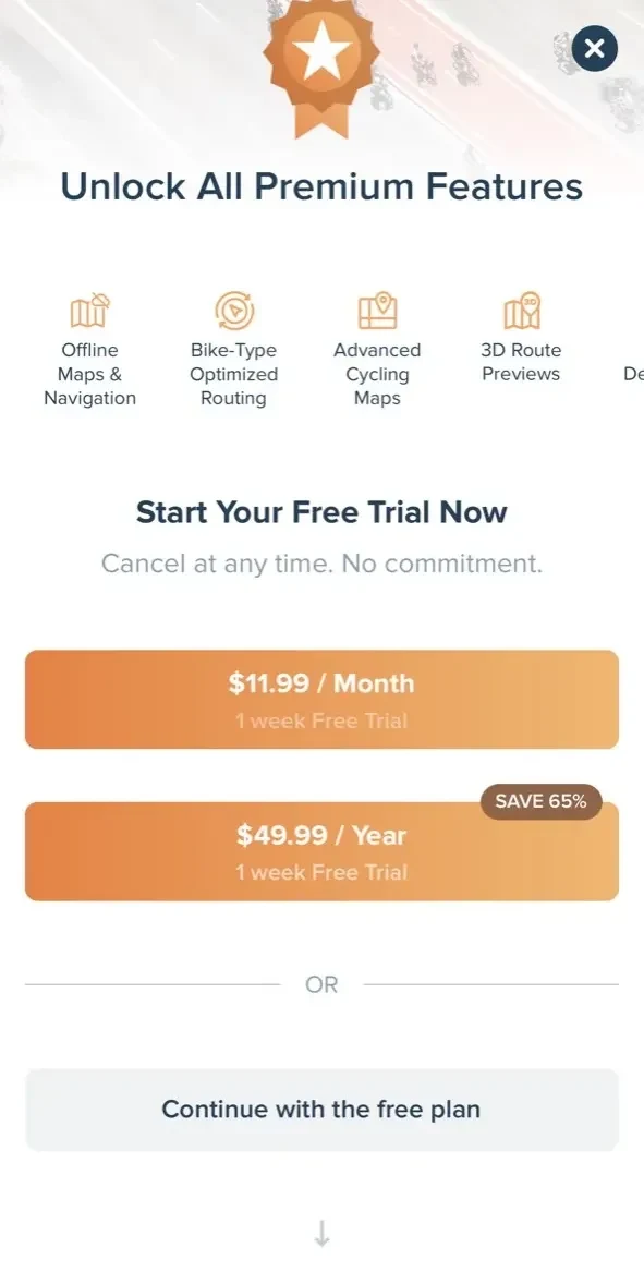 Bikemap paywall screen