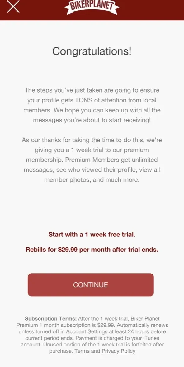 Biker Planet Dating App paywall screen