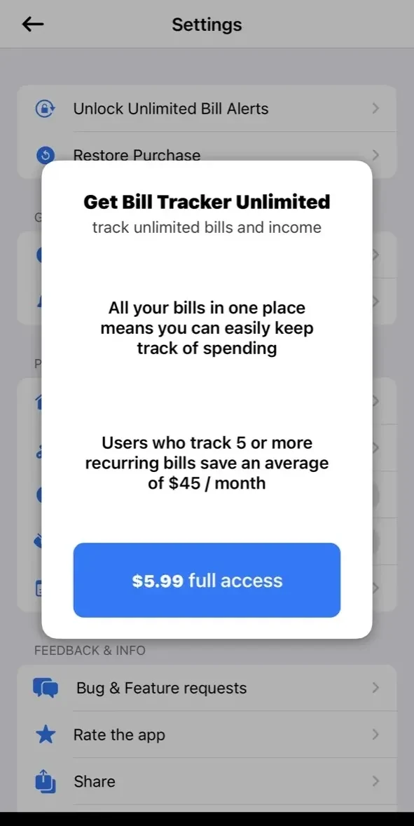 Bill Tracker Pro paywall screen