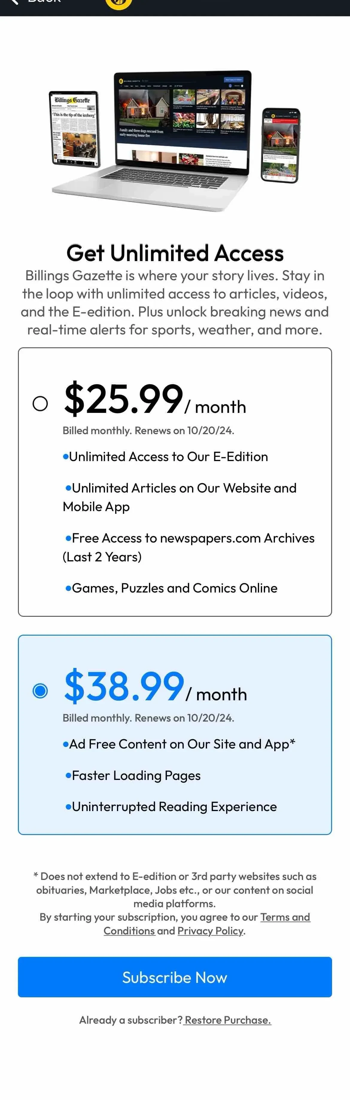 Billings Gazette paywall screen