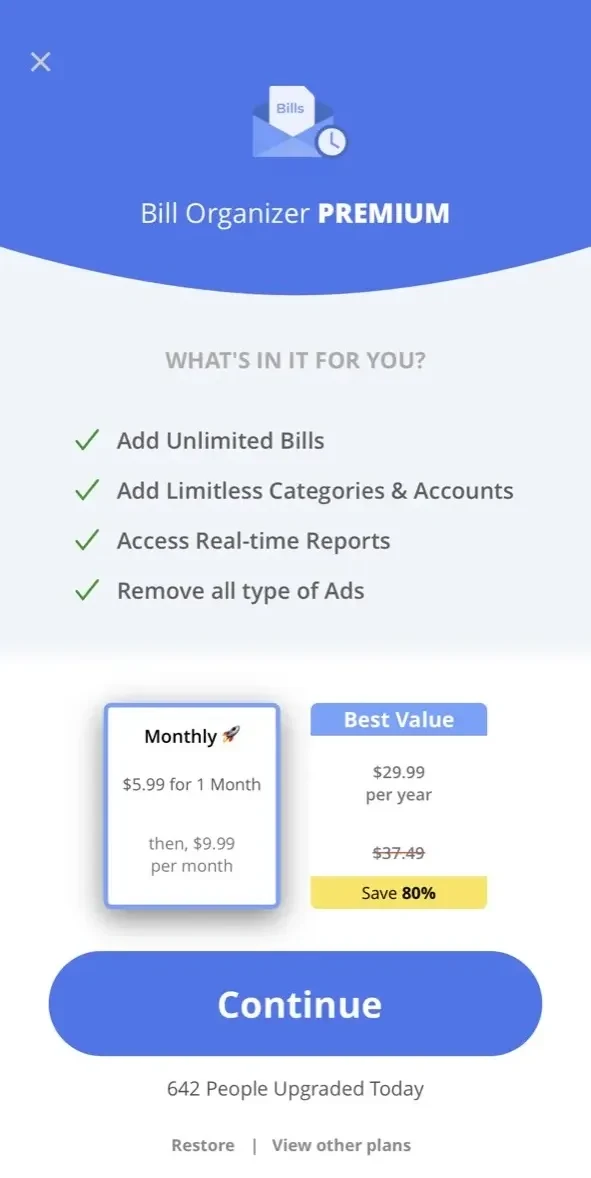 Bills Organizer paywall screen
