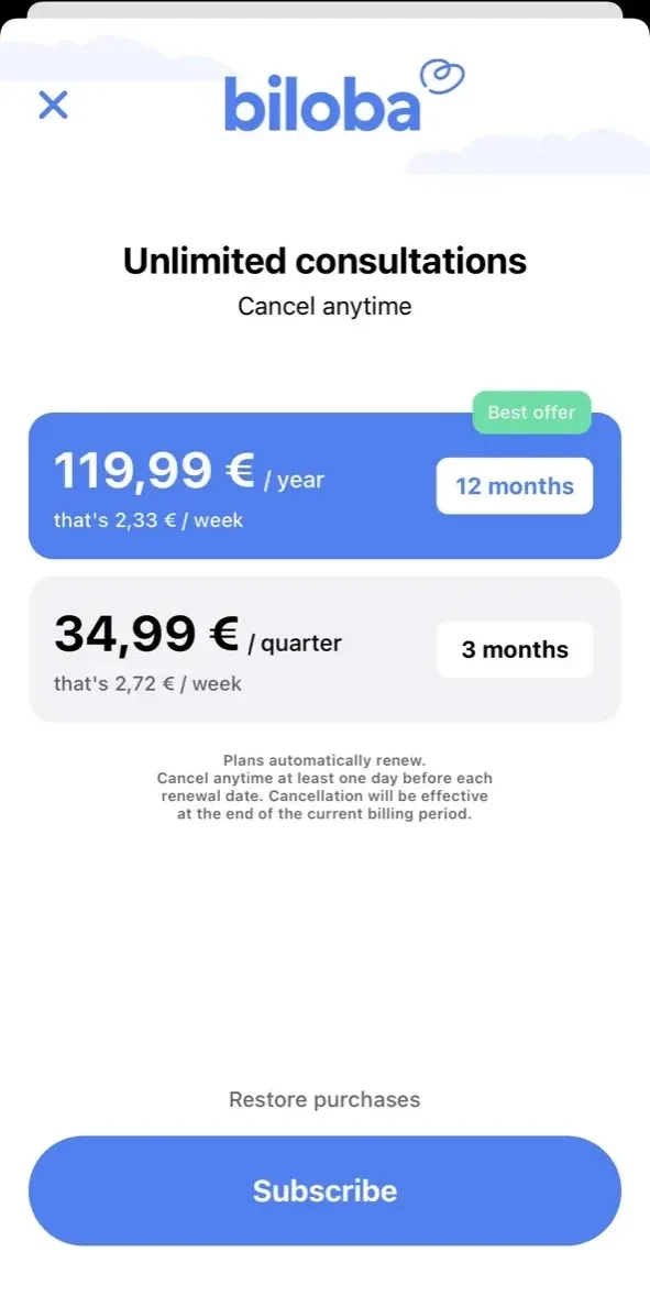 Biloba paywall screen