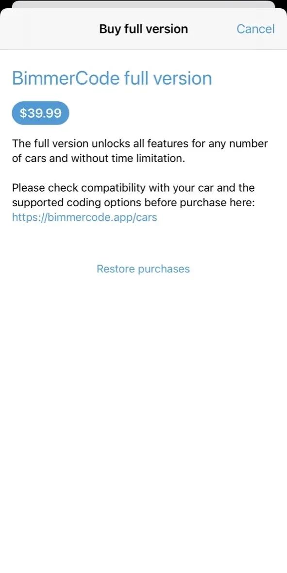 BimmerCode for BMW paywall screen