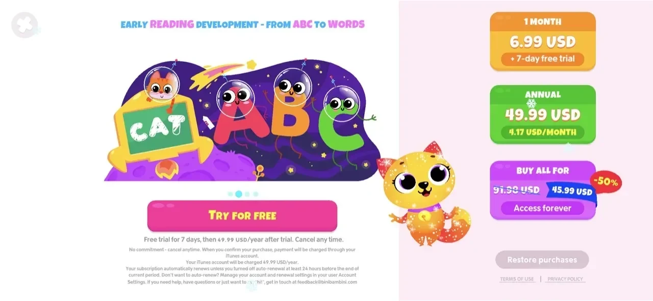Bini Kids Educational Games paywall screen