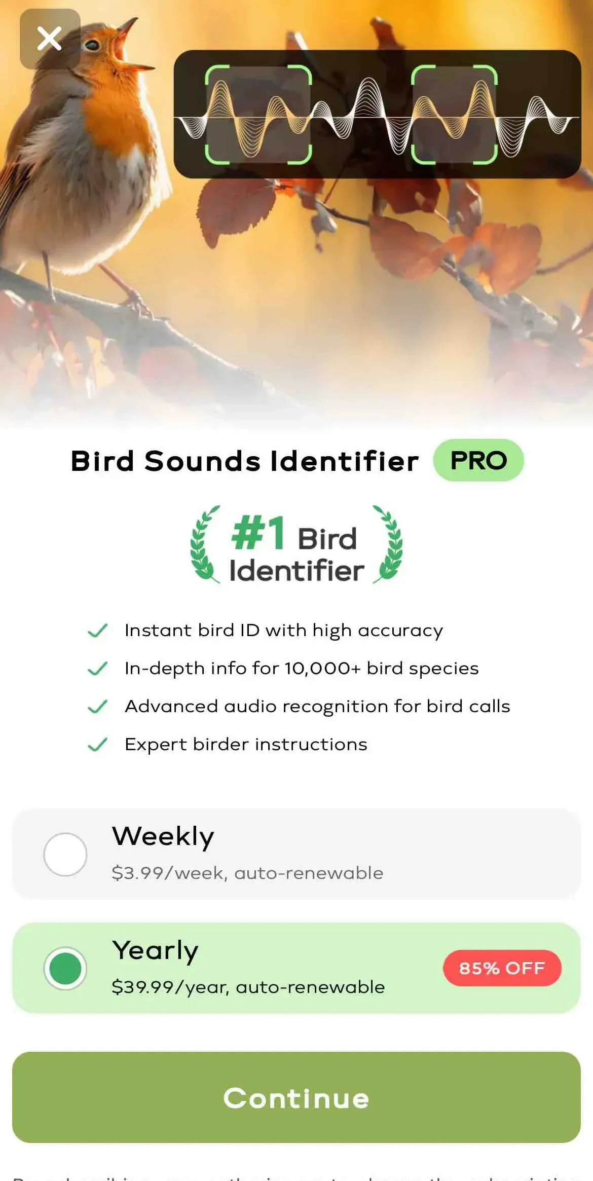 Bird Sounds Identifier Call ID paywall screen