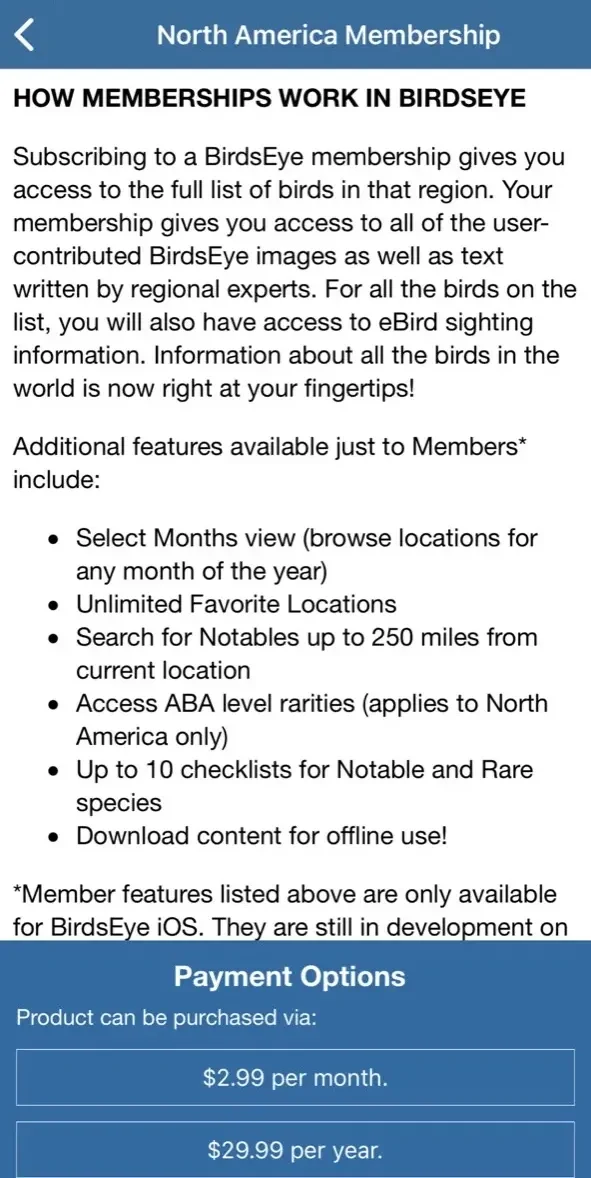 BirdsEye Bird Finding Guide paywall screen