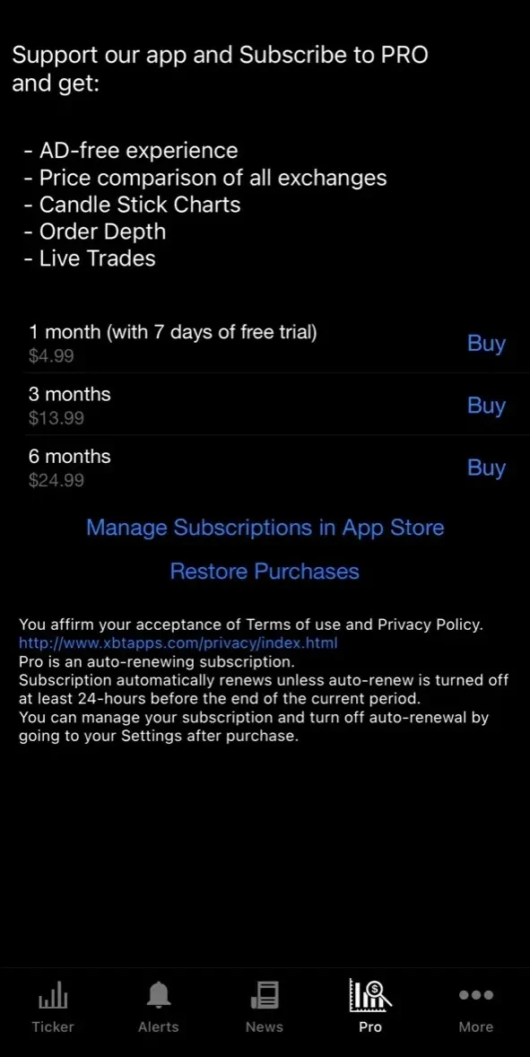 Bitcoin Ticker paywall screen