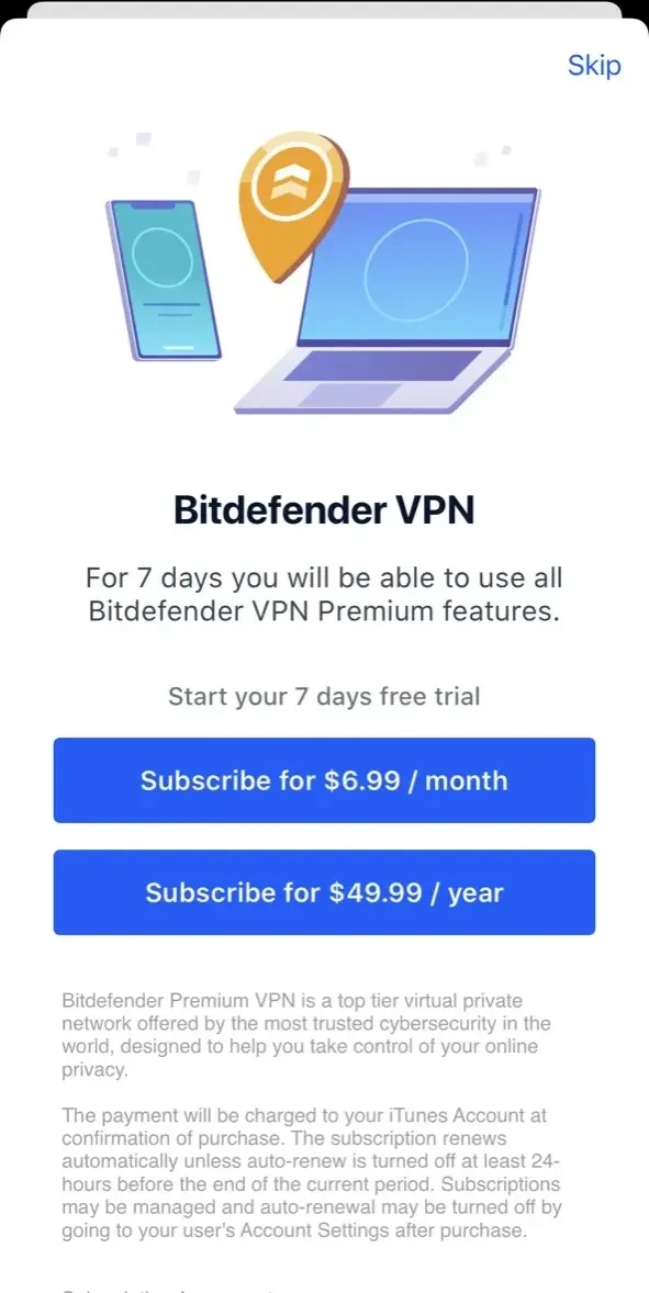 Bitdefender VPN paywall screen