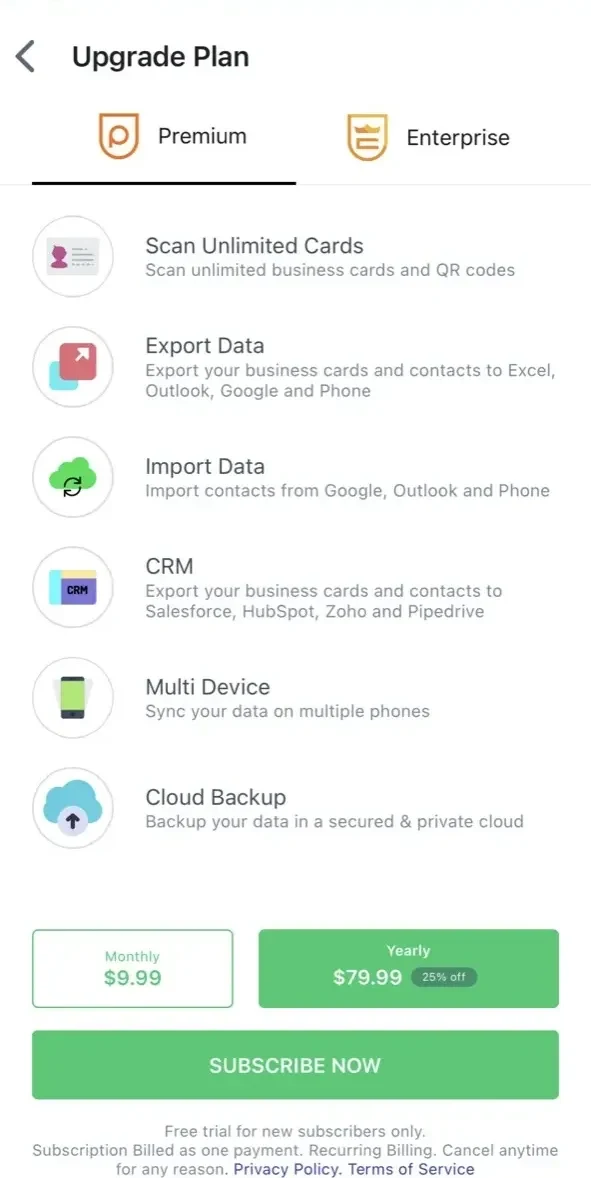 BizConnect Card Scanner paywall screen