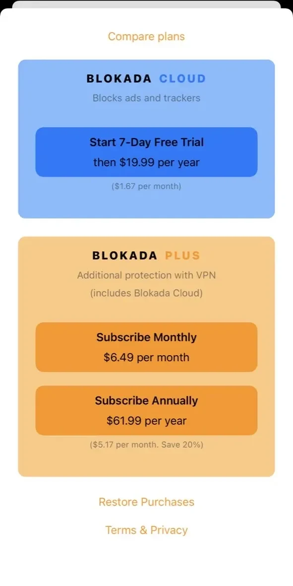 Blokada paywall screen