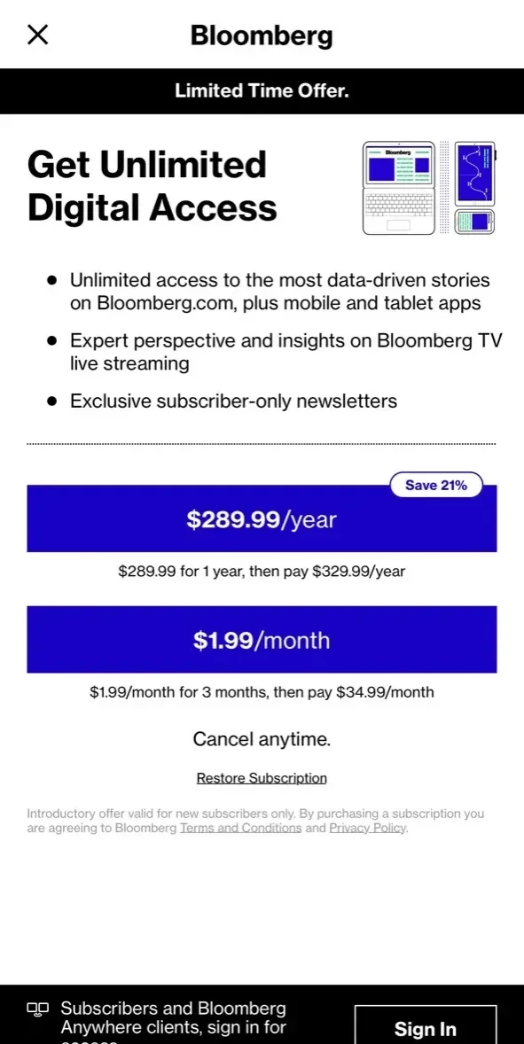 Bloomberg paywall screen