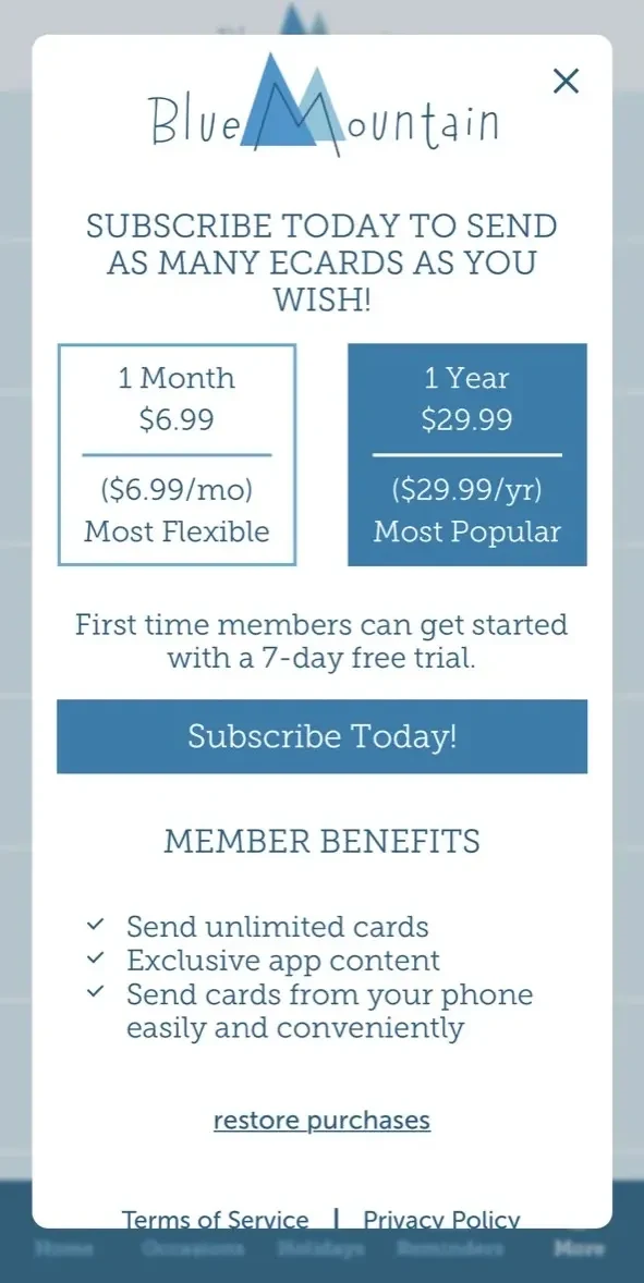 Blue Mountain Ecards paywall screen