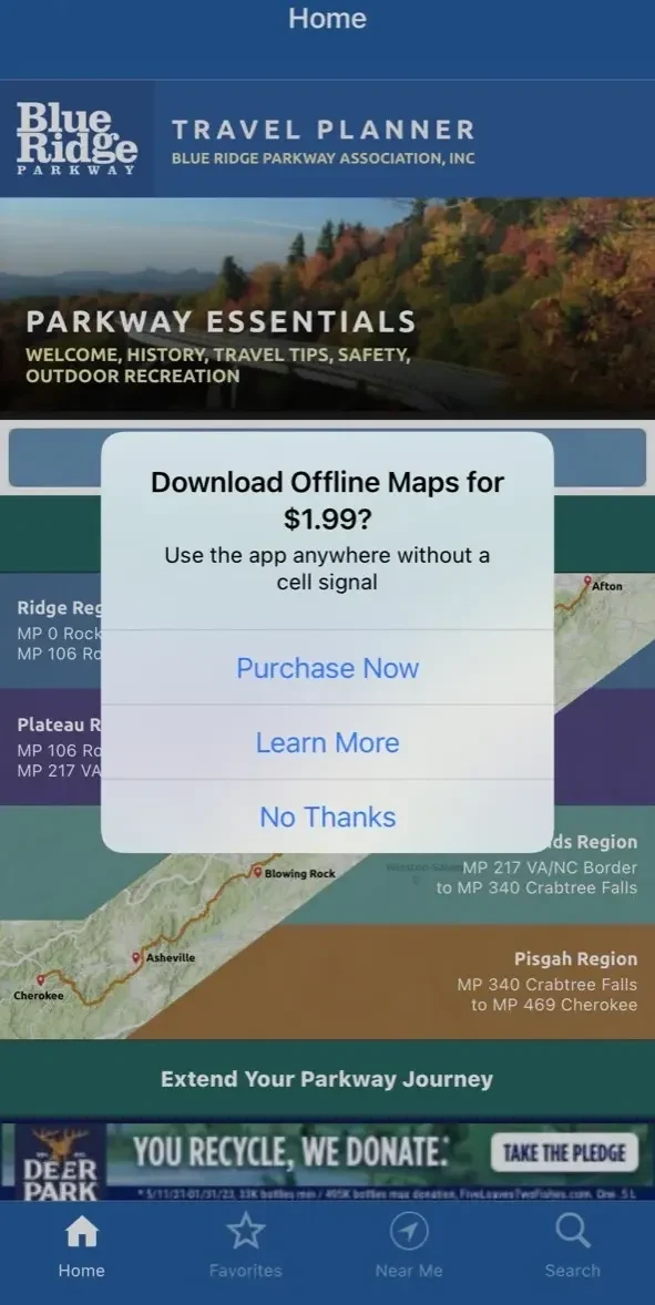 Blue Ridge Pkwy Travel Planner paywall screen
