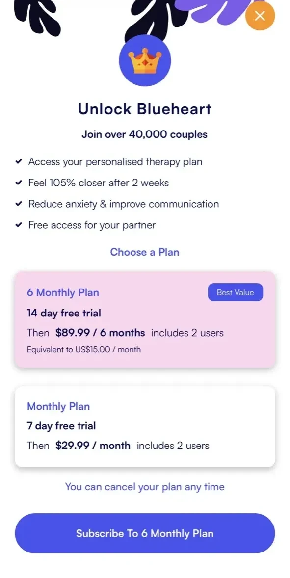 Blueheart paywall screen