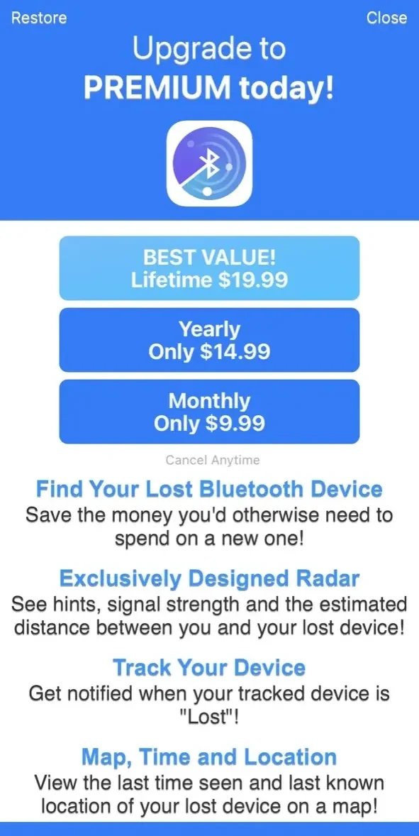 Bluetooth BLE Device Finder paywall screen