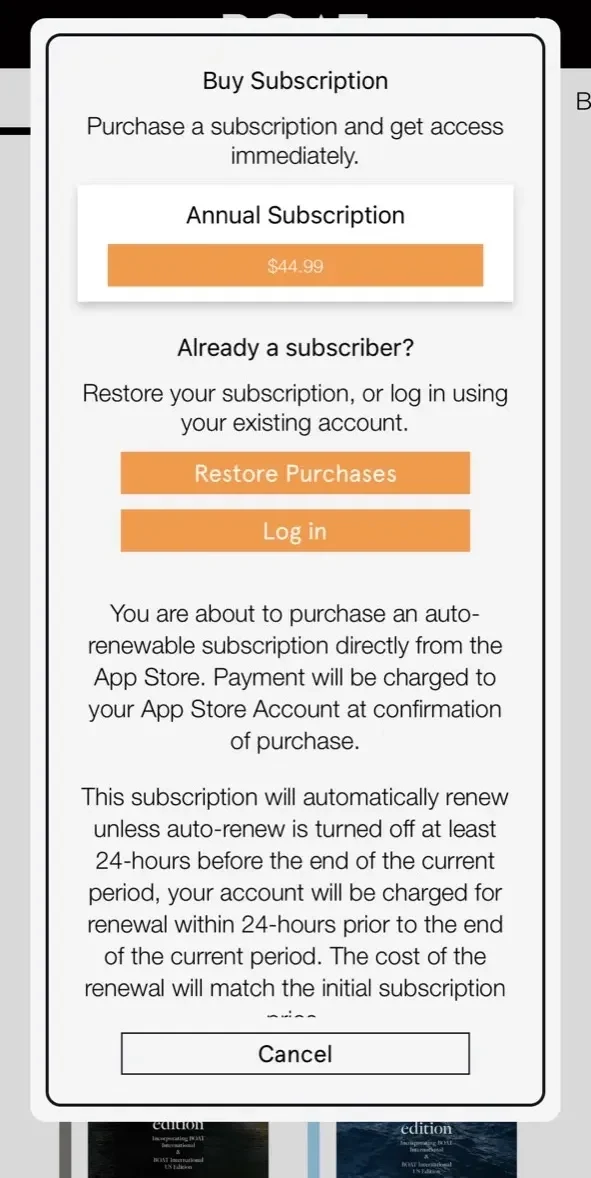 Boat International paywall screen