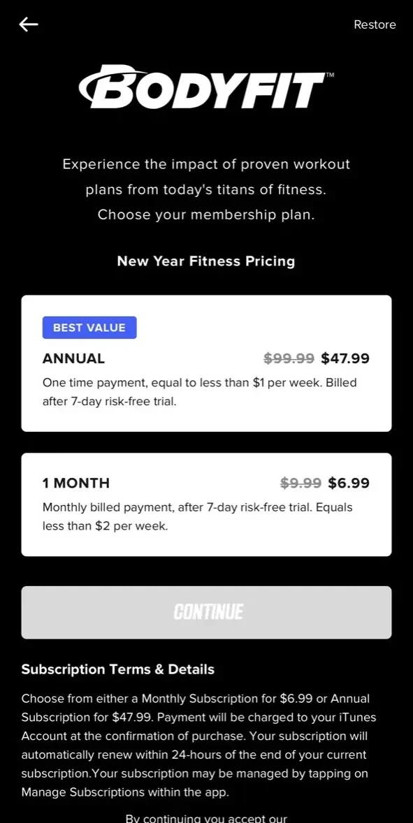BodyFit Fitness Training Coach paywall screen