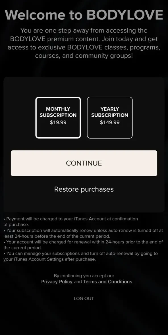 BodyLove paywall screen