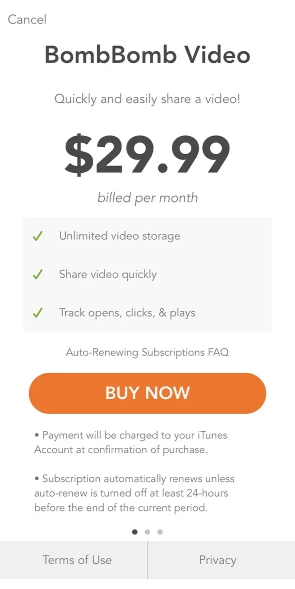 BombBomb paywall screen