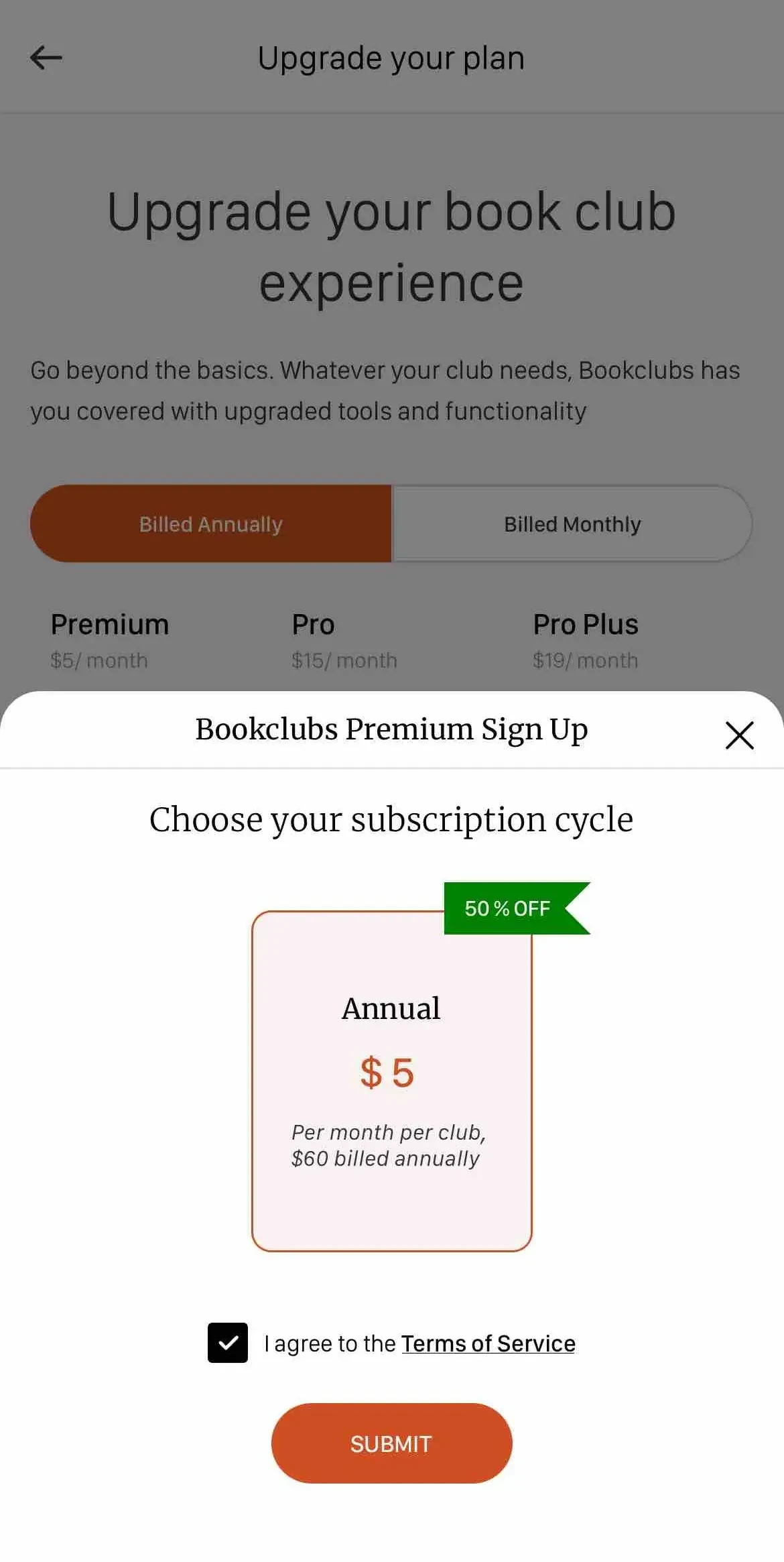 Bookclubs paywall screen
