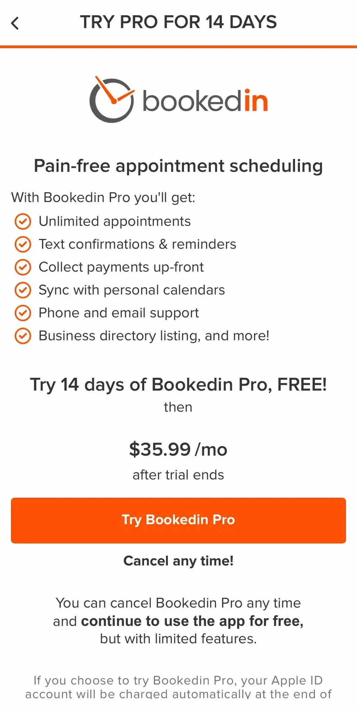 Bookedin Appointment Scheduler paywall screen