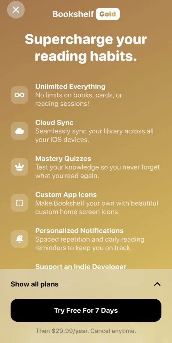 Bookshelf paywall screen