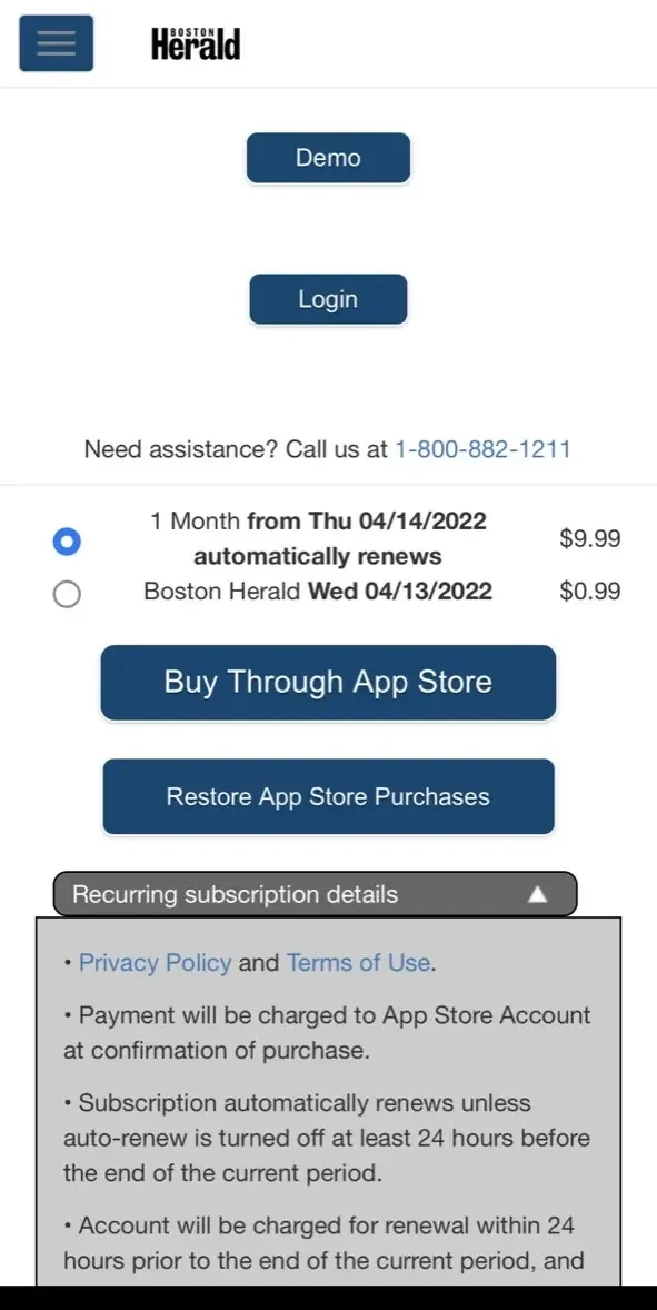 Boston Herald E-Edition paywall screen
