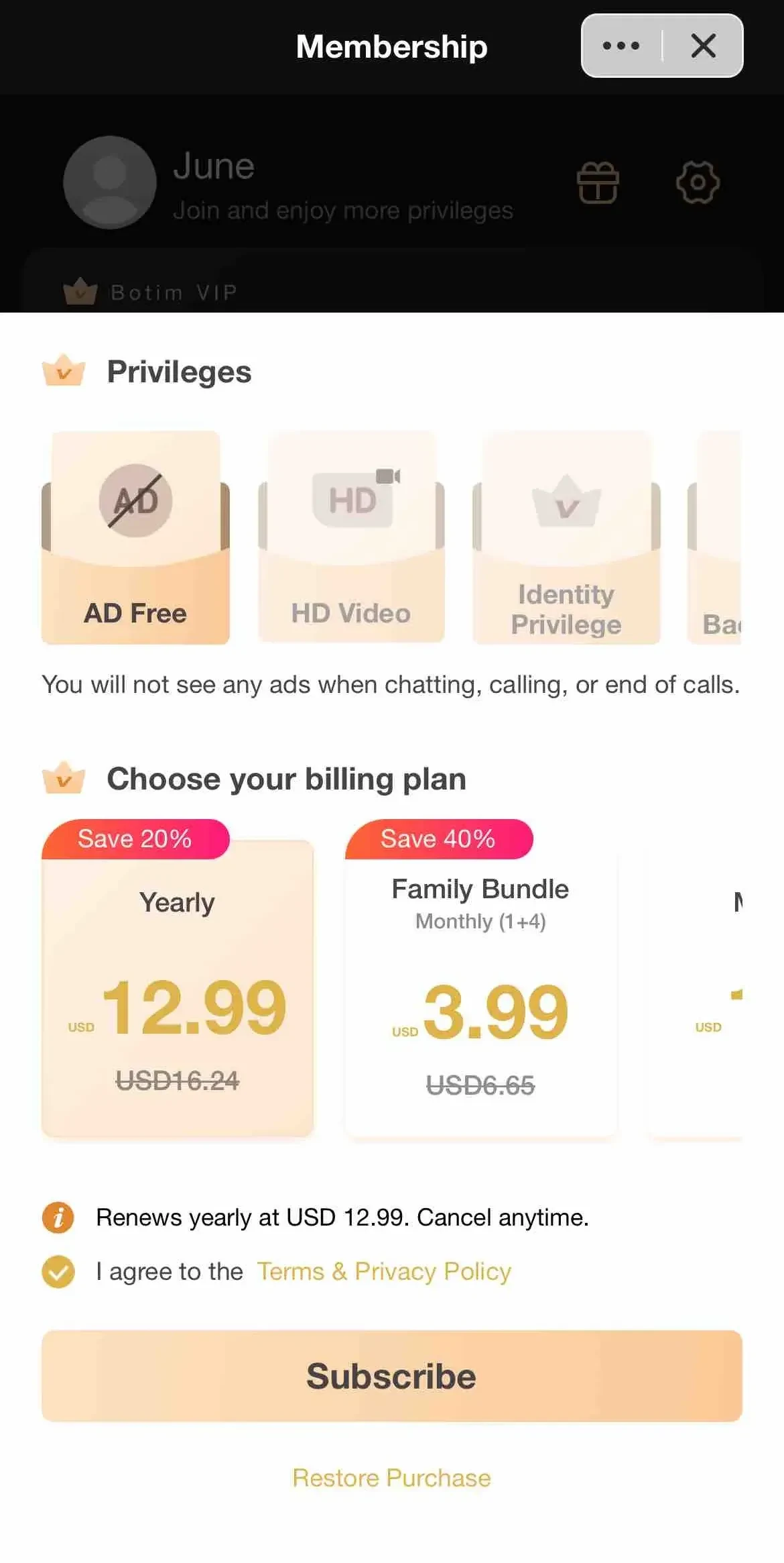 Botim paywall screen
