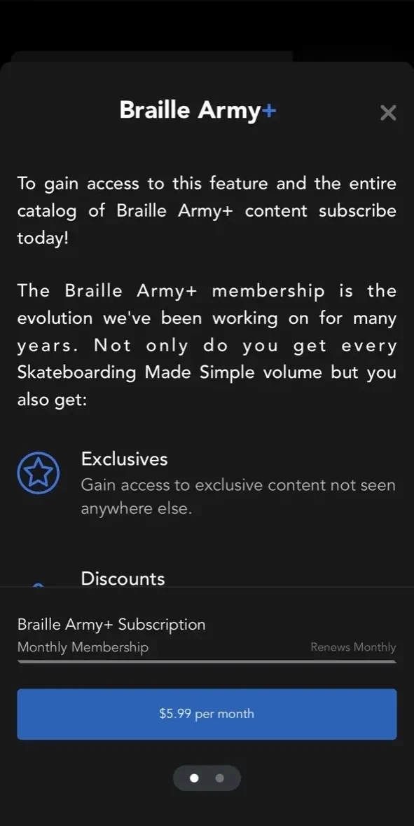 Braille Skateboarding paywall screen