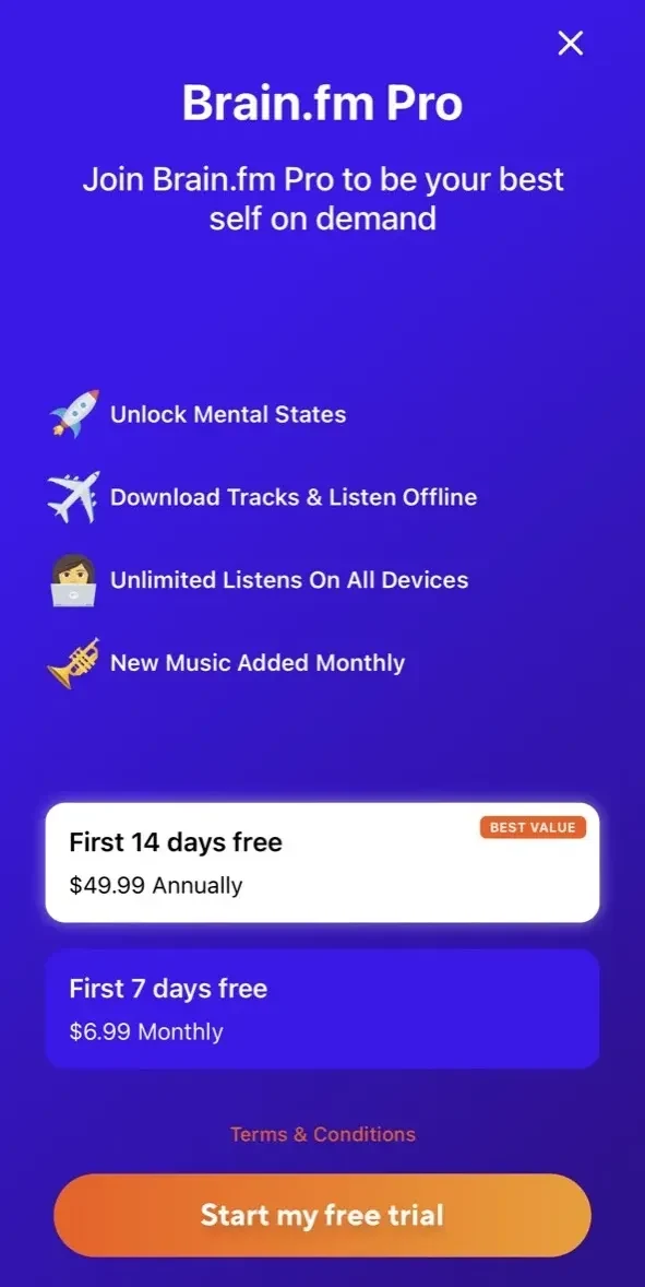 Brain.fm paywall screen