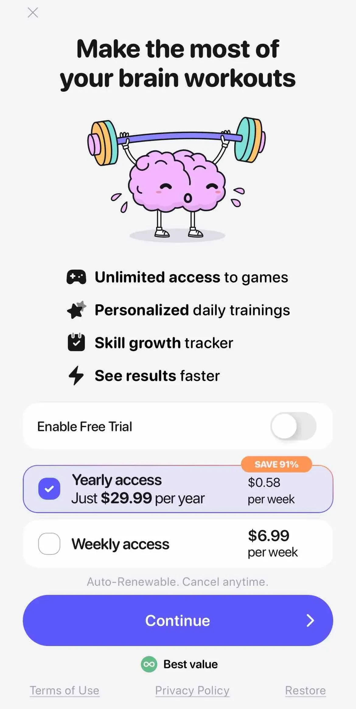 Brain Gain paywall screen