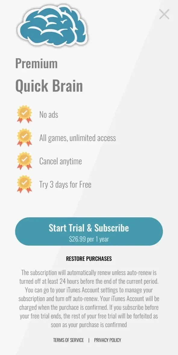Brain Test paywall screen