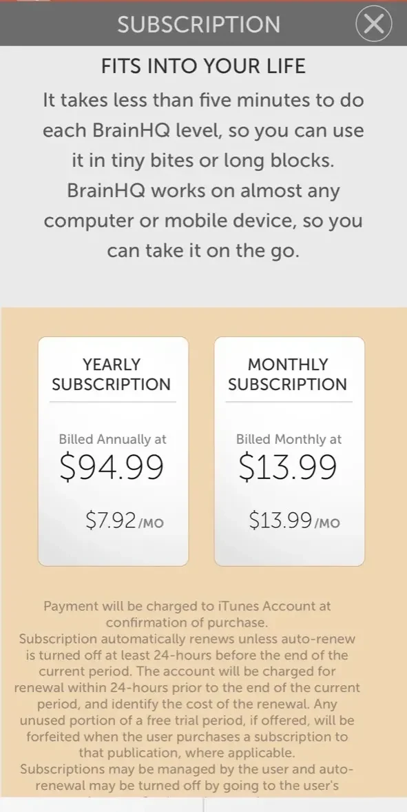 BrainHQ paywall screen