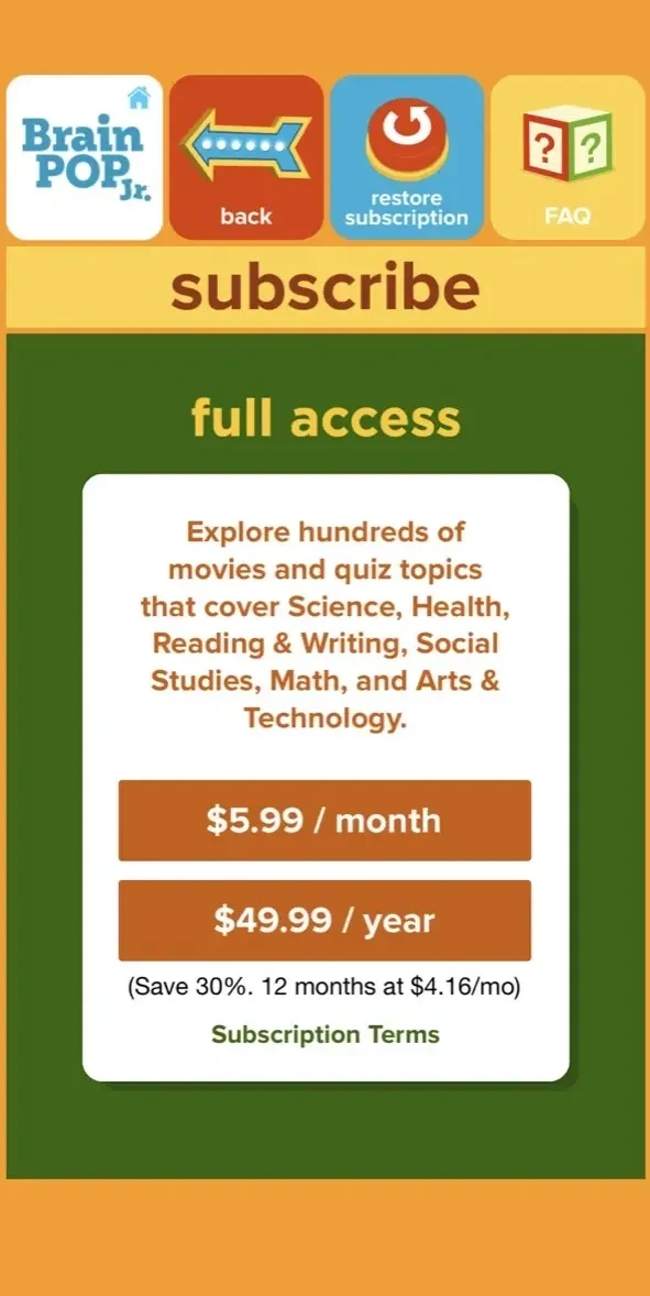 BrainPOP Jr. paywall screen
