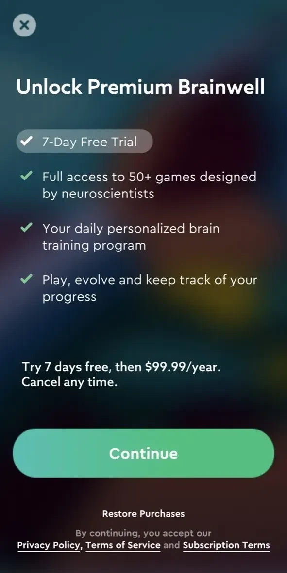 Brainwell Brain Training Games paywall screen