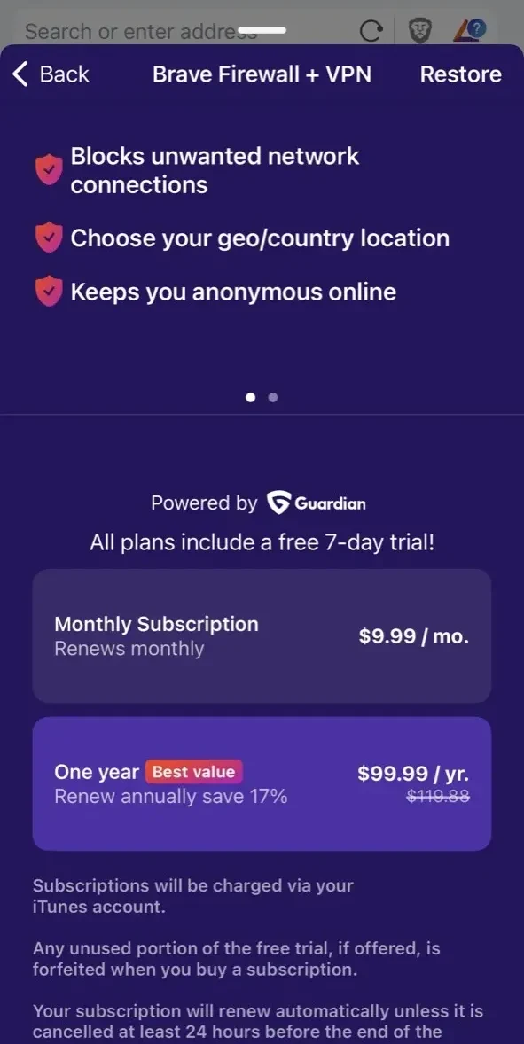 Brave Private Web Browser paywall screen